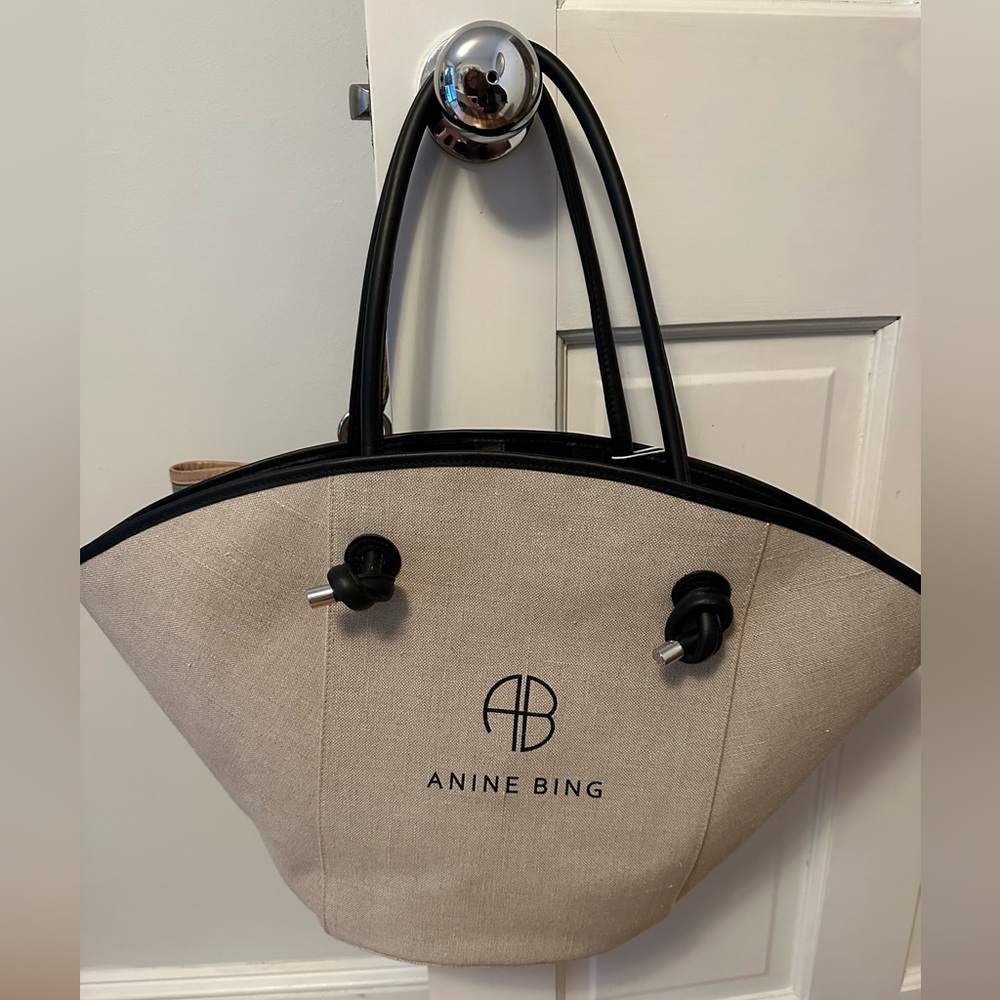 ANINE BING Taylin Linen Tote Bag Beige Silver Hardware NEW WITH TAGS!